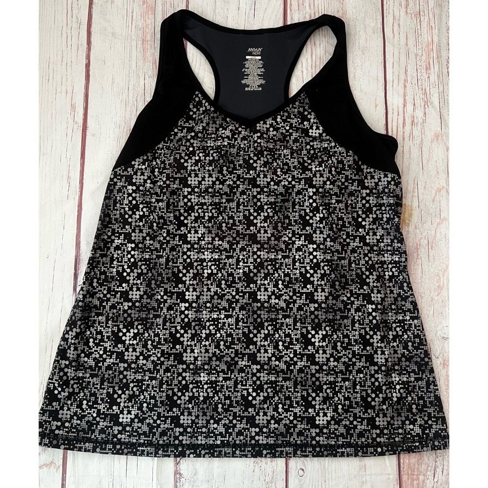 Danskin Now Womens XXL Black Grey Pixel Dot Racerback Tank‎ Top Built In Bra